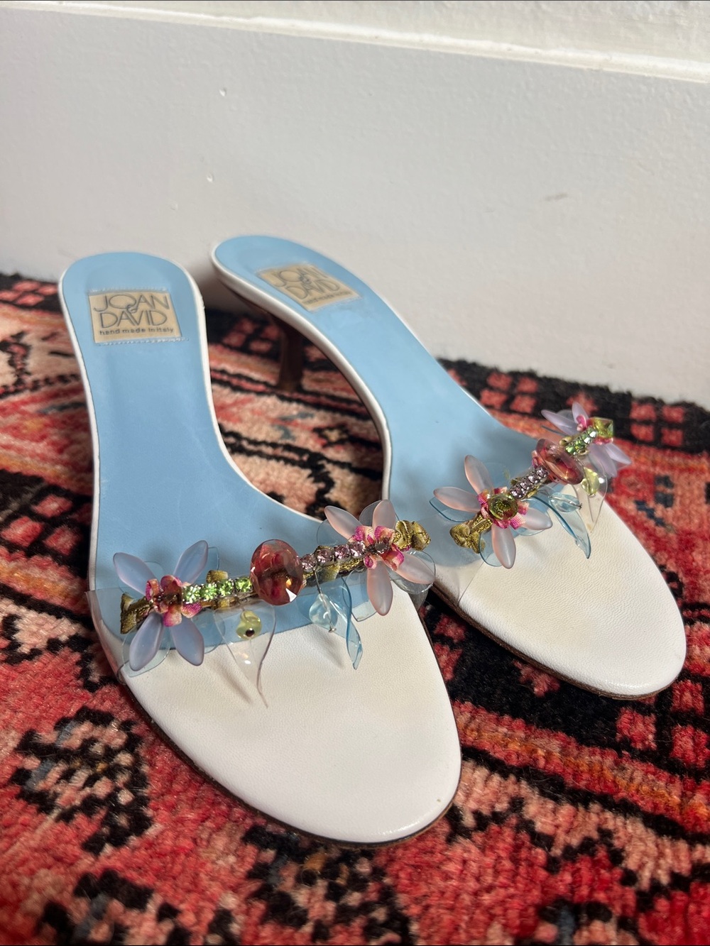 Joan & David White Kitten heels with Blue Insole and Floral Beadwork